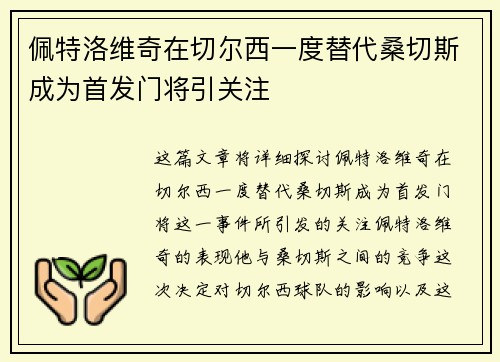 佩特洛维奇在切尔西一度替代桑切斯成为首发门将引关注 佩特洛维奇在切尔西一度替代桑切斯成为首发门将引关注